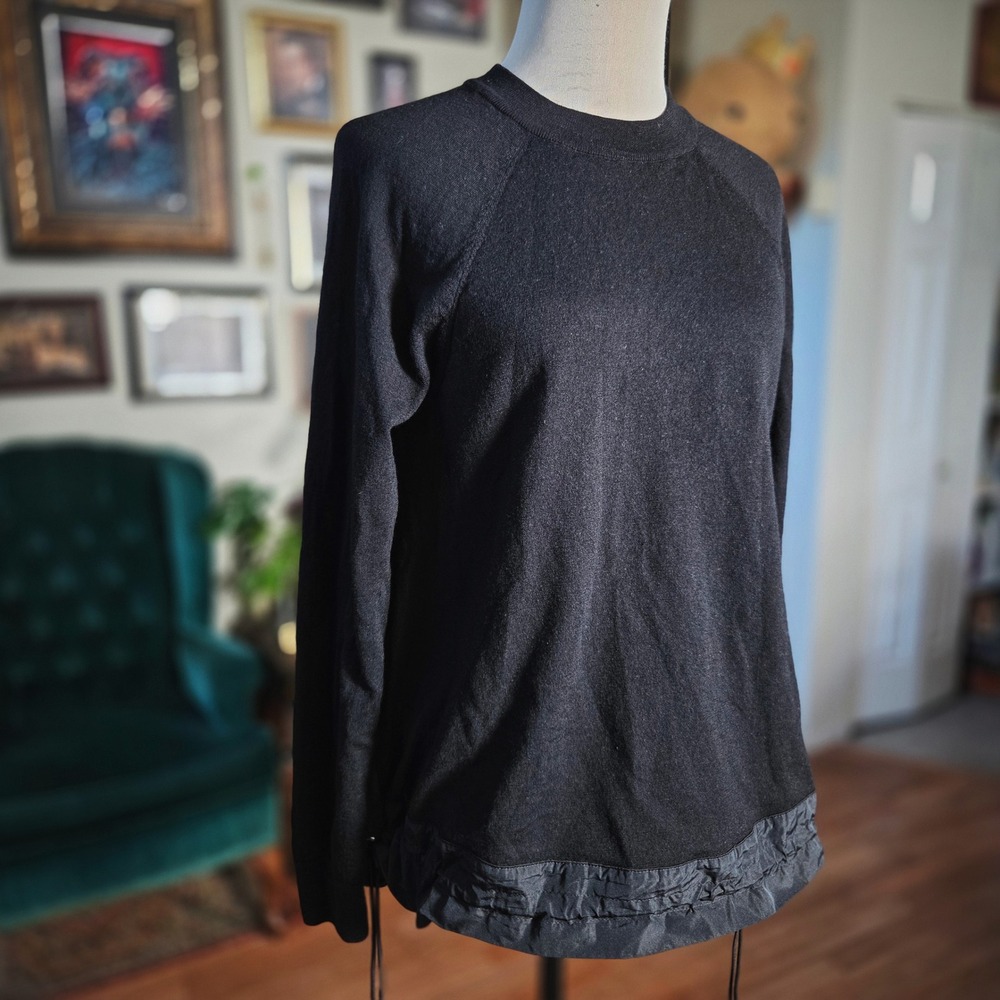 Moncler‎ Black Mixed Media Knit Nylon Peplum Hem Sweater XL Logo Patch